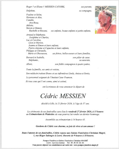 Avis de décès de Monsieur Cédric MESSIEN