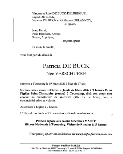 Avis de décès de Madame Patricia DE BUCK
