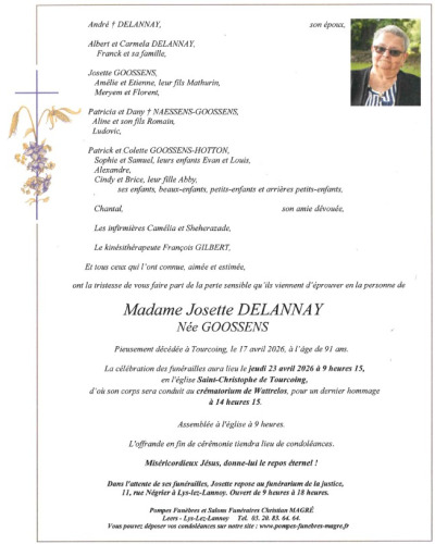 Avis de décès de Madame Josette DELANNAY